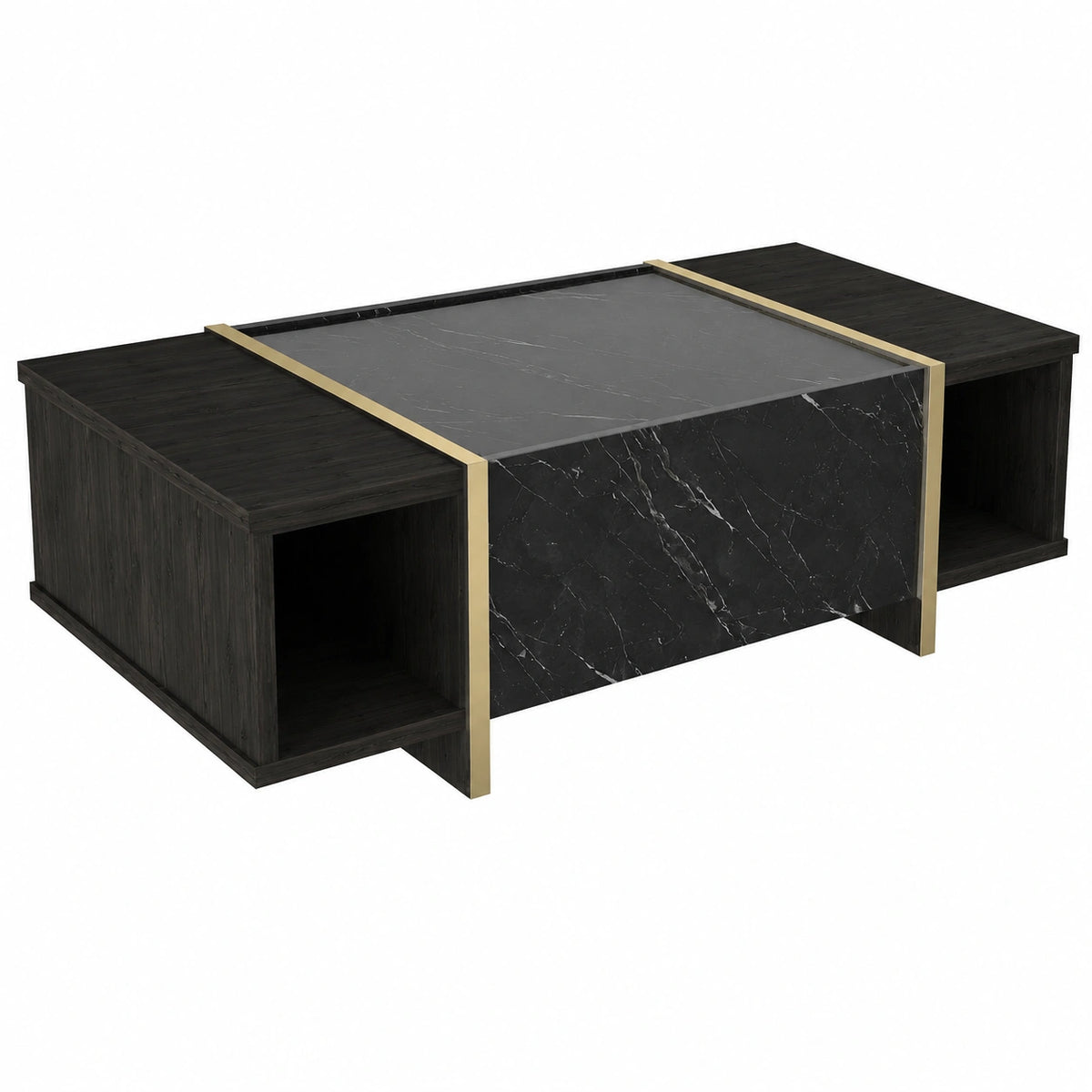 Table basse, avec portes, coloris noir et naturel, pour le salon
