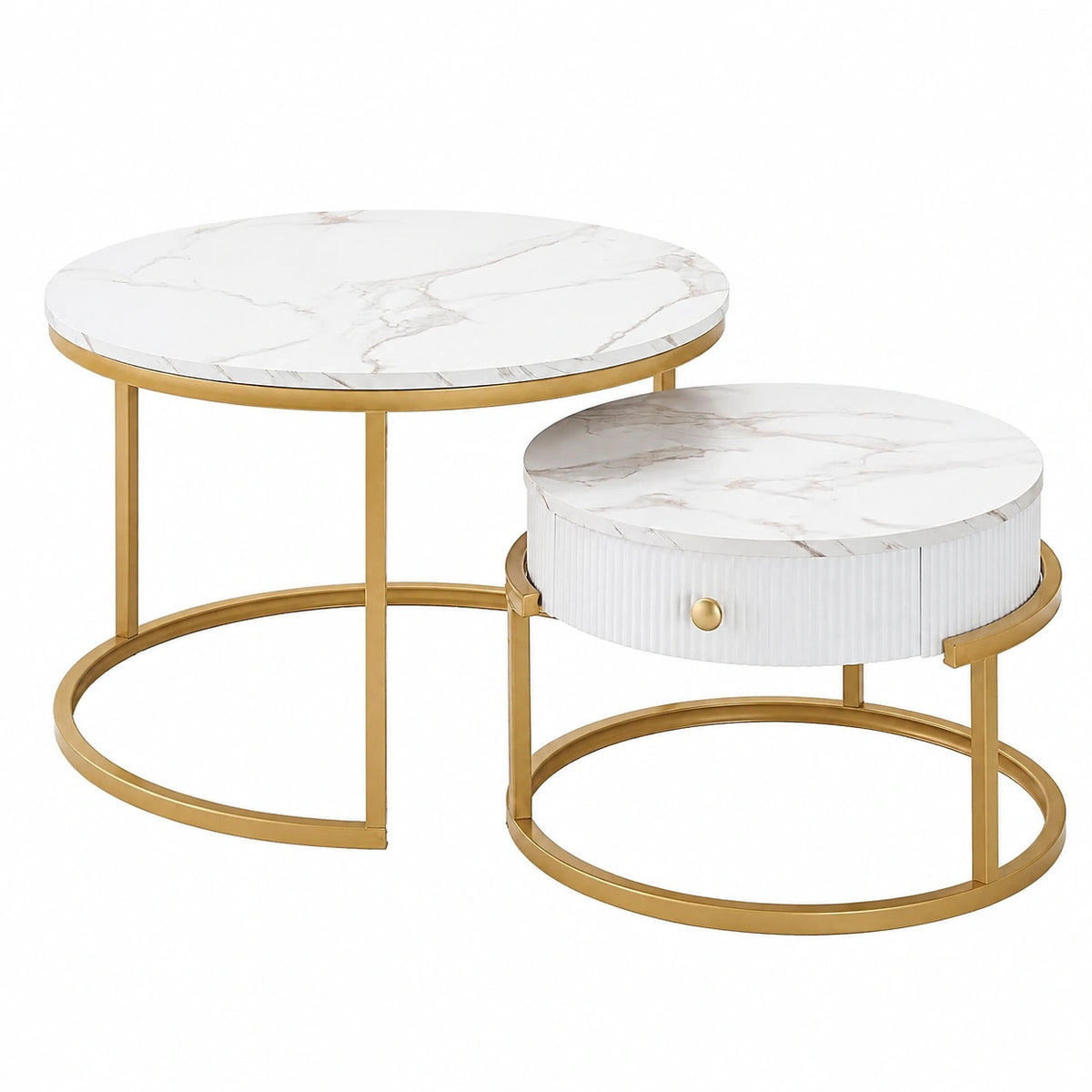 Table basse, avec rangement, avec tiroirs, coloris blanc et doré, pour le salon