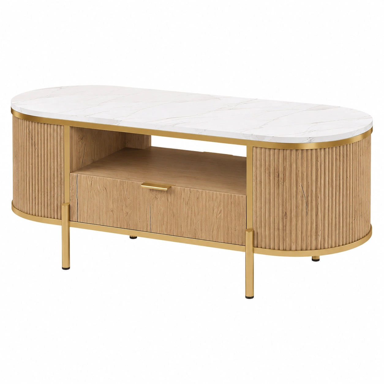 Table basse, en métal, avec rangement, avec tiroirs, avec étagères, coloris doré, pour le salon