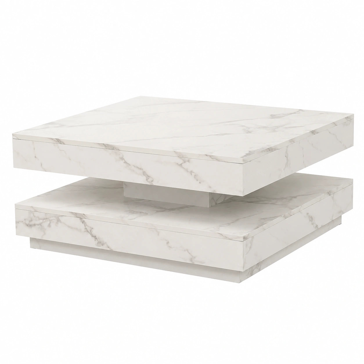 Table basse, en panneaux de bois, pivotant, avec étagères, coloris blanc, 76 x 76 x 38 cm, pour le salon