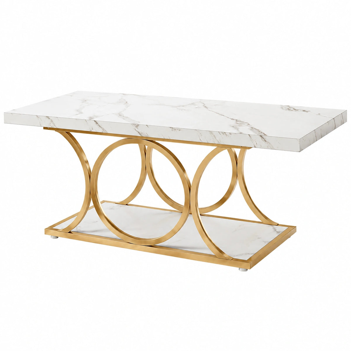 Table basse, avec rangement, coloris blanc et doré, pour le salon