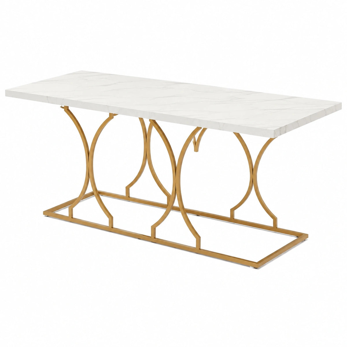 Table à manger, en panneaux de bois et métal, 6 places, 180 x 80 x 75 cm, coloris blanc et doré, pour la salle à manger