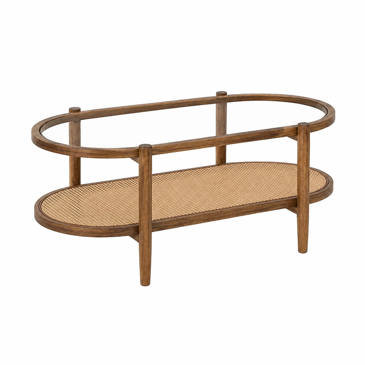 Table basse, avec rangement, avec étagères, en verre et résine tressée, coloris marron, 102 x 56 x 47 cm, pour le salon